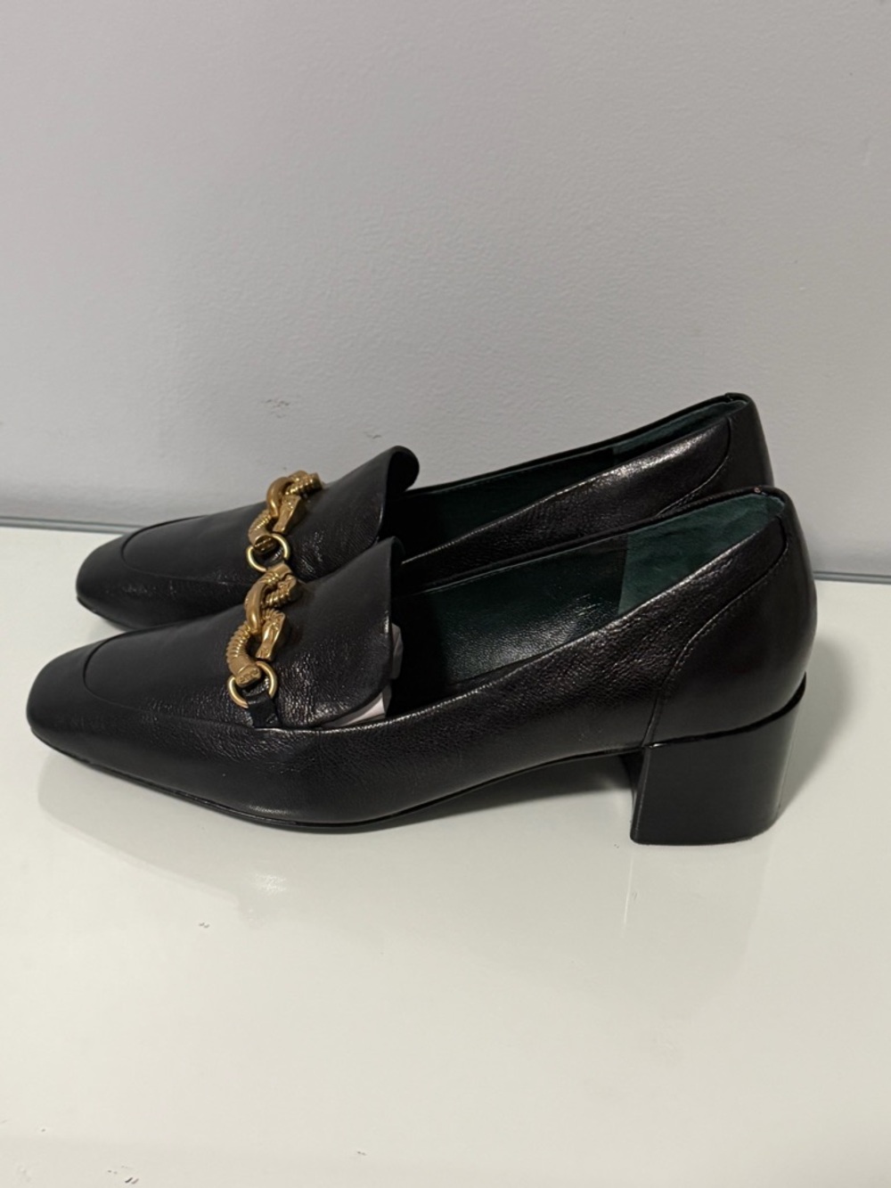 Tory Burch Jessa Loafers Black Leather Block Heel Loafers with Gold Chain Accent - Picture 5 of 11